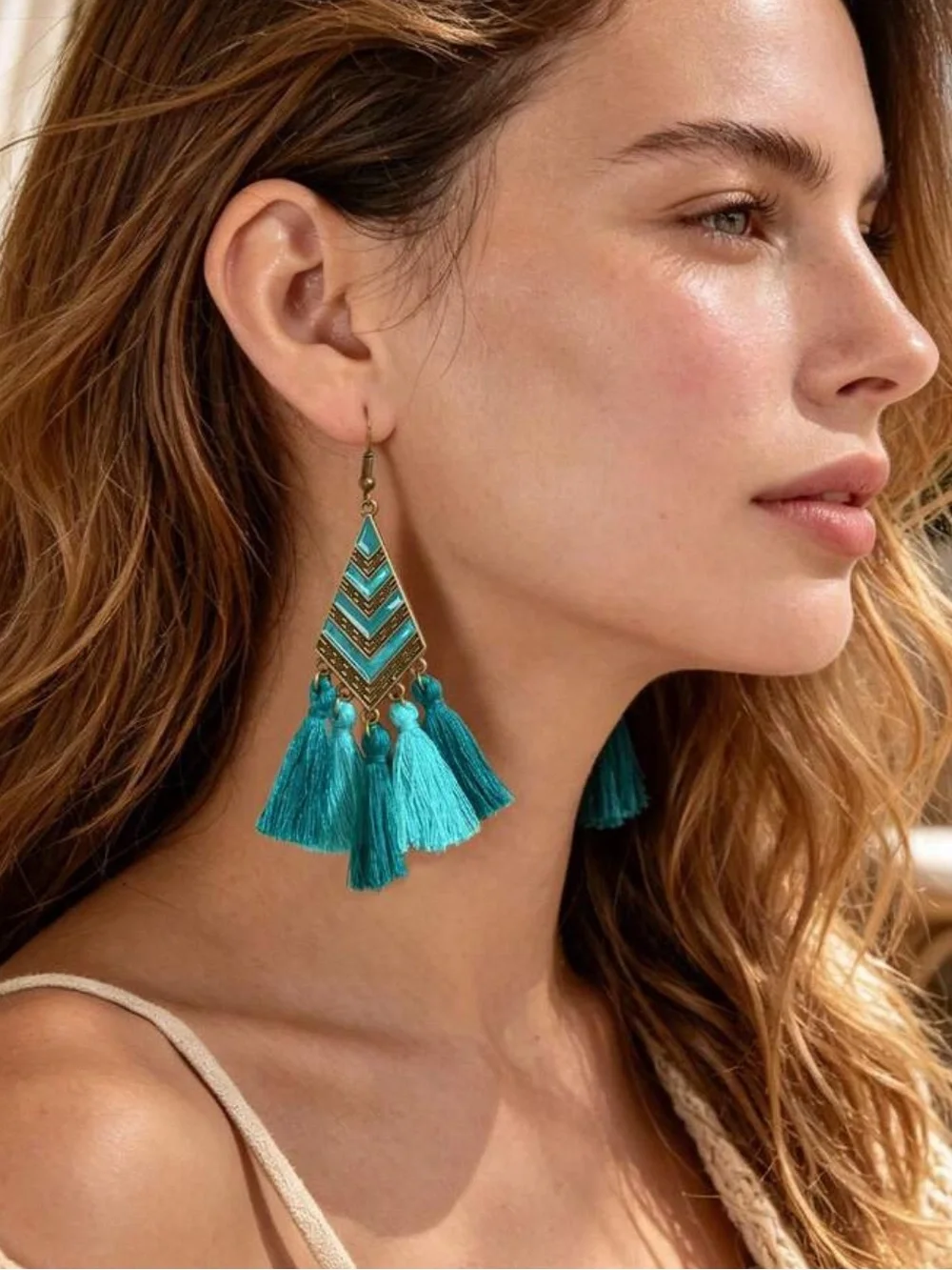 Boho Teal Chevron Tassel Drop Earrings